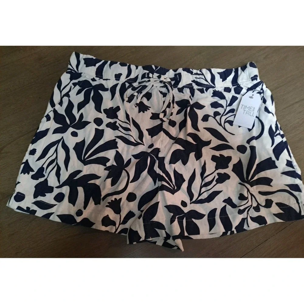 NWT Time‎ & Tru Womens Linen Shorts Dark Navy & White Botanical Size XL (16-18)
